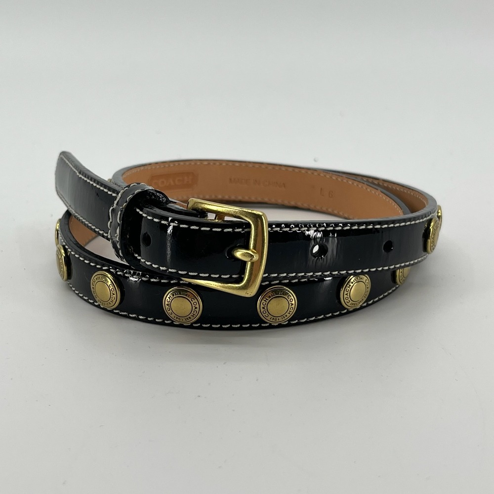 Coach Belt Womens S Black Patent Leather Studded Gold Medallion Skinny